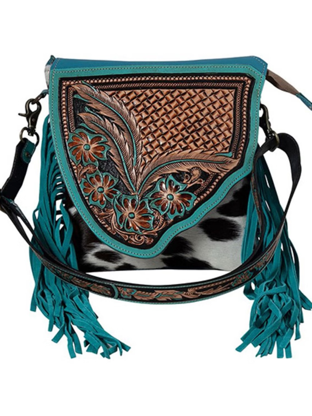 Myra Bag Teal and Brown Tooled Leather Crossbody with Fringe